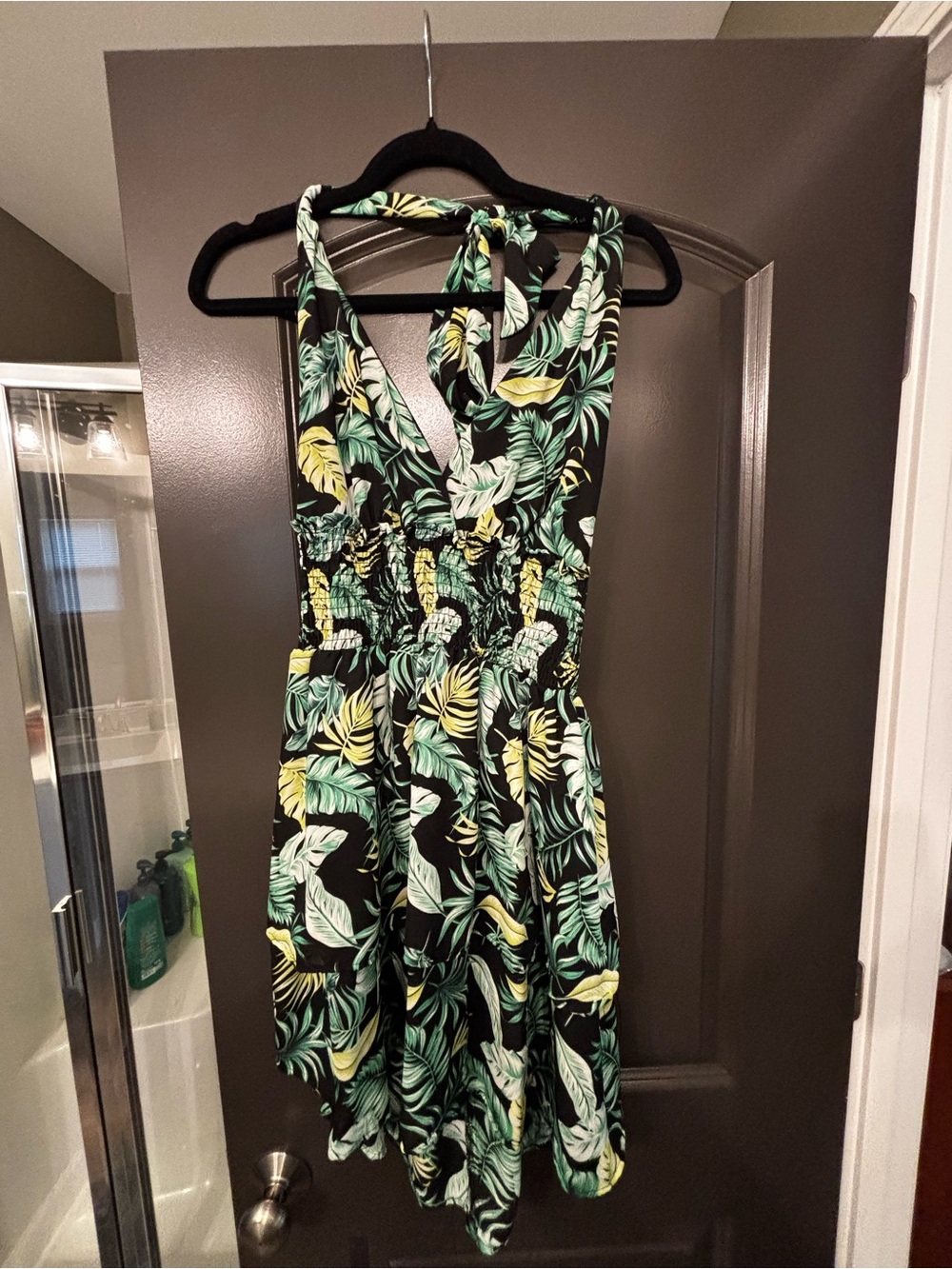 Almost Famous Black Tropical Leaf Halter dress